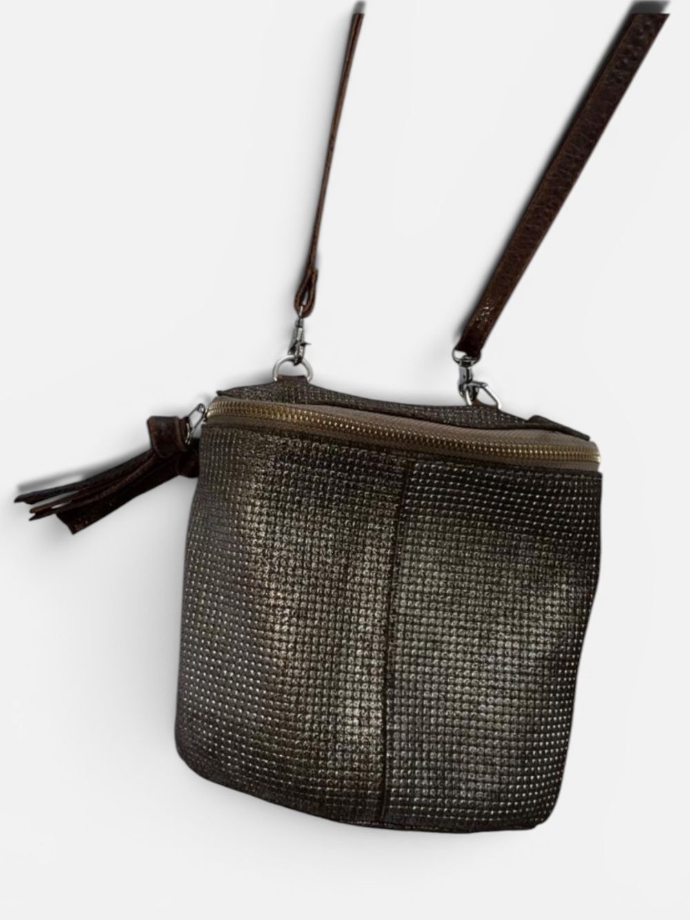Daniella Lehavi leather crossbody bag features a silver/ brown woven texture.